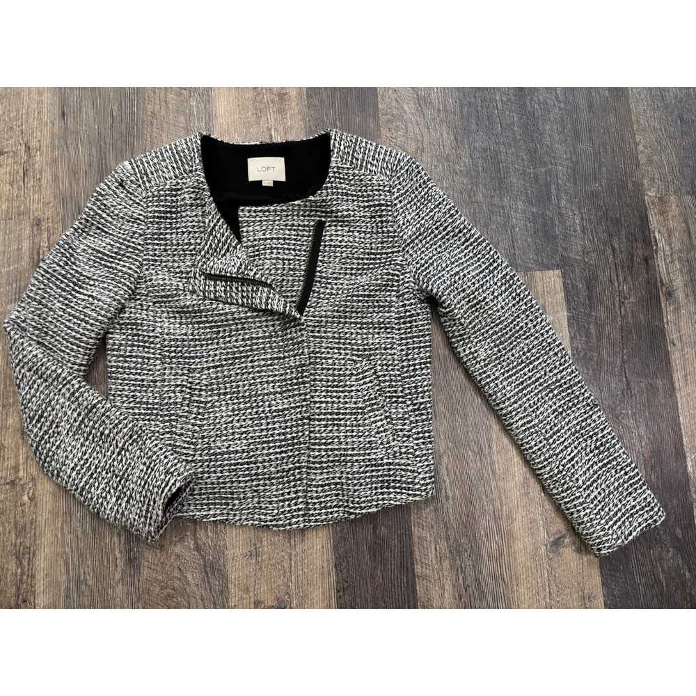 LOFT Womens Black White Tweed Asymmetrical Zip Moto Jacket Blazer Size Small